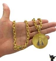 Cordão Cadeado 8Mm Pingente E Fecho N.Senhora Banhado A Ouro