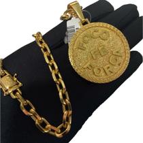 Cordão Cadeado 8Mm + Pingente Foco, Fé, Força Banhado A Ouro