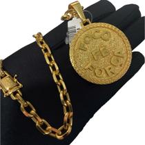 Cordão Cadeado 8mm + Pingente Foco, Fé, Força Banhado a Ouro Cordão Cadeado 8mm + Pingente Foco, Fé, Força Banhado a Ouro