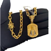 Cordão Cadeado 8mm + Pingente Nossa Senhora - Banhado a Ouro Cordão Cadeado 8mm + Pingente Nossa Senhora - Banhado a Ouro