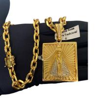 Cordão Cadeado 8mm + Pingente Nossa Senhora - Banhado a Ouro