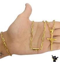 Cordão Cadeado Alongado 5mm Pulseira + Ping Banhado a Ouro