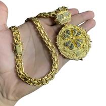 Cordão Cadeado Duplo 10mm + Pingente Trevo - Banhado a Ouro