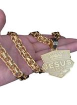 Cordão Cadeado Duplo 13Mm + Ping Jesus Vence Banhado A Ouro