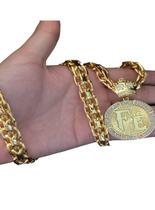 Cordão Cadeado Duplo 13mm + Pingente Fé Coroa Banhado A Ouro