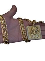 Cordão Cadeado Duplo 13mm + Pingente Jesus 3d Banhado A Ouro