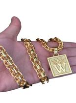 Cordão Cadeado Duplo 13mm + Pingente Letra W Banhado A Ouro