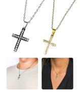 Cordão Colar Correntinha Unissex 50Cm Cruz Cravejado Pedra