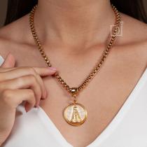 Cordão Colar Dourado Feminino Nossa Senhora Aparecida Madrepérola Semijoia