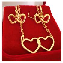 Cordão Colar e Brinco Coração Duplo Feminino Folheado Ouro 18 k Cordão Colar e Brinco Coração Duplo Feminino Folheado Ouro 18 k