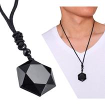 Cordão Colar Hexagrama Com Pingente Negro Obsidian Stone
