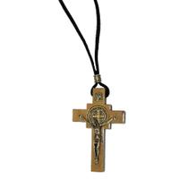 Cordão com Crucifixo de São Bento - 7cm Marrom em Madeira