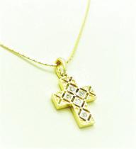 Cordão Com Pingente Cruz Xadrez Cristal Banho Ouro 18k 2656