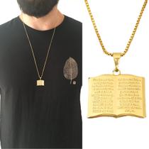 Cordão Corrente 60 cm Masculino Pingente Biblia Sagrada Fé Folheado a Ouro 18 k