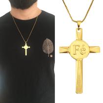 Cordão Corrente 60 cm Masculino Pingente Cruz Crucifixo Fé Oração Folheado a Ouro 18 k