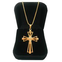 Cordão Corrente 60 cm Masculino Pingente Cruz Crucifixo Vazada Folheado a Ouro 18 k
