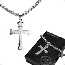 cordão corrente aço inox prata pingente cruz pai nosso caixa moda masculina proteção original casual qualidade premium