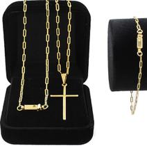 Cordão Corrente Banhado a Ouro 18k Com Pingente Cruz Palito
