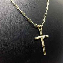 Cordão Corrente Cadeado + Pingente Cruz Crucifixo 70cm Fecho Gaveta 3mm Banhado A Ouro 18k Masculino