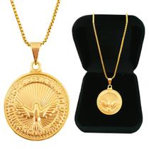 Cordão Corrente Colar 60 cm Pingente Medalha Divino Espírito Santo Semijoia Folheada a Ouro 18k