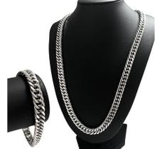 Cordão Corrente Elo Duplo Prata Aço Inox C/ Pulseira Combo