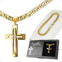 cordão corrente masculino grosso dourado banhado ouro pulseira grumet casual kit + crucifixo cruz hip hop religioso + caixa cordão corrente masculino grosso dourado banhado ouro pulseira grumet casual kit + crucifixo cruz hip hop religioso + caixa