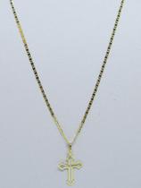 Cordão Corrente Piastrine + Crucifixo Ouro 18k Maciço