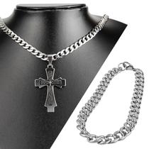 Cordão corrente prata aço inox + pingente crucifixo pai nosso + pulseira casual qualidade premium