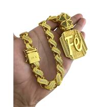 Cordão Cravejado Friso s 13mm + Pingente Fé - Banhado Ouro