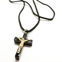 Cordão Crucifixo Cruz de Madeira com Cristo - Preto