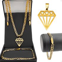 Cordão dourado aço inox + pingente diamante + pulseira qualidade premium ostentação social estiloso