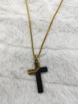 Cordão Dourado e Preto com Pingente de Cruz