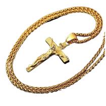 Cordão Dourado Unissex Aço Crucifixo Jesus