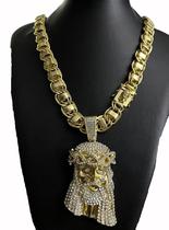Cordão dubai 15mm banhado a ouro 18k + pingente jesus 3d