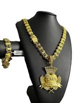 Cordão Dubai 15Mm Cravejado + Pulseira Pingente Jesus É O