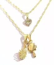 Cordão Duplo Cabeleireiro Escova Espelho Folheado A Ouro 18k Cordão Duplo Cabeleireiro Escova Espelho Folheado A Ouro 18k