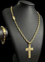 Cordão e Pulseira Cadeado 6mm + Pingente Cruz Banhado a ouro