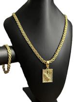 Cordão e Pulseira Cadeado Duplo + Pingente Fé Banhado a ouro