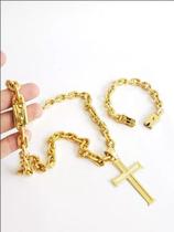 Cordão E Pulseira E Pingente 12mm Cadeado Banhado a Ouro 18k