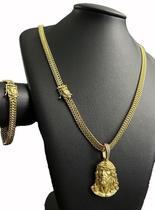 Cordão E Pulseira Lacraia 8Mm Pingente Jesus Banhado A Ouro