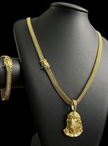 Cordão e pulseira lacraia 8mm pingente jesus banhado a ouro