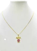 Cordão Feminino 1mm Menina Cravejado Em Rosa - Banhado a Ouro 18k