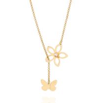 Cordão Feminino Banhado a Ouro 18k Fio Português com Flor e Borboleta 531162