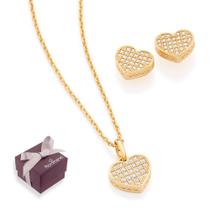 Cordão Feminino Coração Cravejado Presente Mulher Rommanel + Brincos Banhados Ouro 18k Cordão Feminino Coração Cravejado Presente Mulher Rommanel + Brincos Banhados Ouro 18k