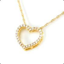 Cordão Feminino Ouro 18k 45cm + Coração Com Zircônias