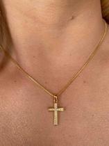 Cordão Feminino + Pingente Cruz Cravejada - Banhado A Ouro 18k Luxo