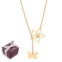 Cordão Feminino Presente Mulher Banhado A Ouro 18K Lindo Elegante Flor E Borboleta