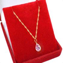 Cordão Feminino Singapura Ouro 18k 45cm Gota Zircônia Rosa