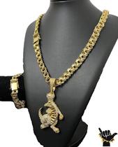 Cordão Friso 12mm Pulseira Pingente Jacaré Banhado a ouro