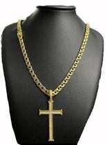 Cordão Friso 8Mm + Pingente Cruz Cravejada - Banhado A Ouro